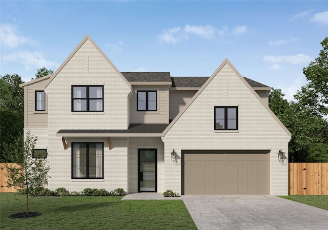 modern farmhouse featuring a front yard, driveway, a standing seam roof, an attached garage, and brick siding