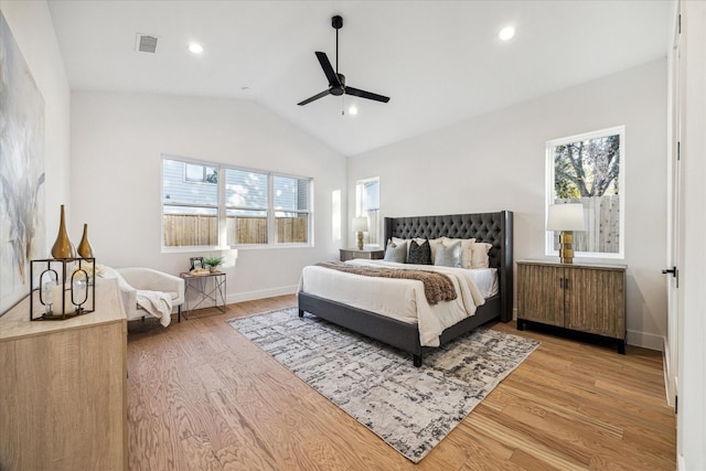 bedroom featuring visible vents, baseboards, vaulted ceiling, recessed lighting, and light wood-style flooring