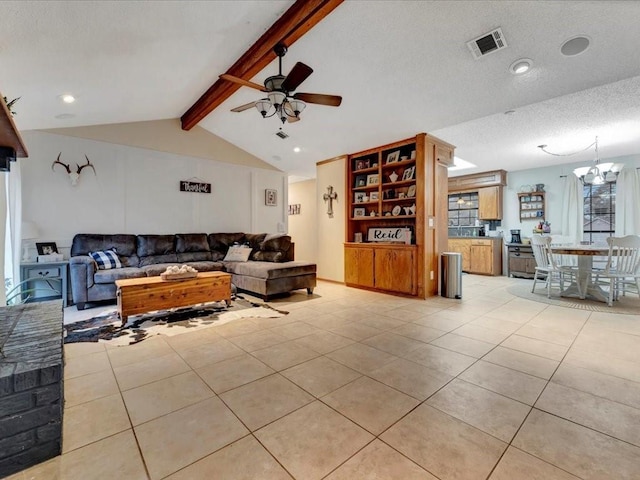 tiled living room featuring vaulted ceiling with beams, ceiling fan with notable chandelier, plenty of natural light, and a textured ceiling