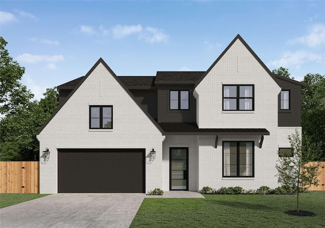 modern farmhouse style home with a garage, driveway, brick siding, and fence