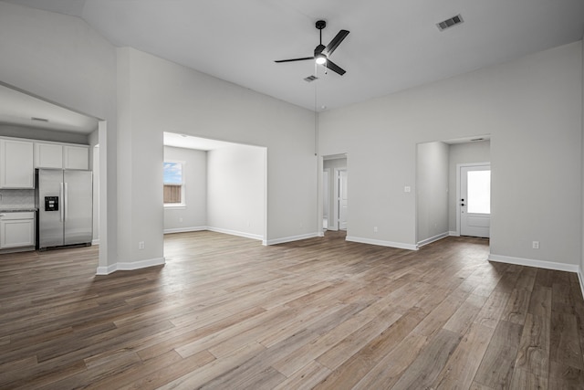 unfurnished living room with light hardwood / wood-style flooring and ceiling fan