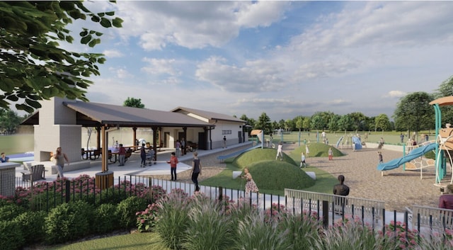 exterior space with a playground and a gazebo