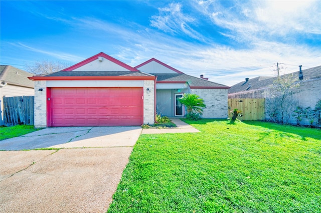 ranch-style house featuring a garage and a front yard