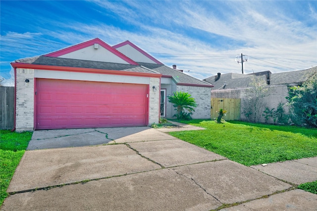 ranch-style house featuring a garage and a front lawn