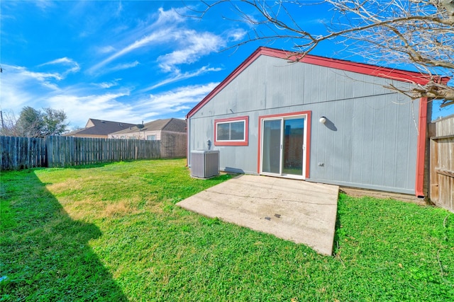 back of house with a patio, cooling unit, and a lawn