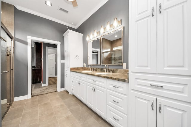 bathroom featuring tile patterned floors, an enclosed shower, ornamental molding, vanity, and ceiling fan