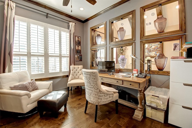 office space featuring ceiling fan, ornamental molding, and wood finished floors