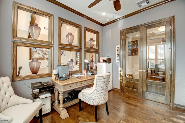 office area with visible vents, ceiling fan, ornamental molding, hardwood / wood-style floors, and french doors