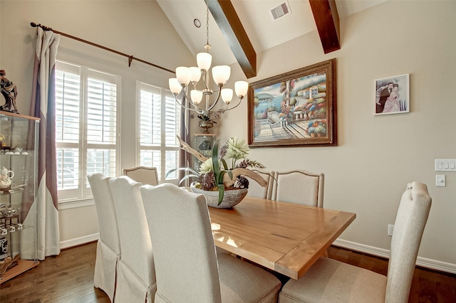 dining room with vaulted ceiling with beams, wood finished floors, visible vents, baseboards, and an inviting chandelier