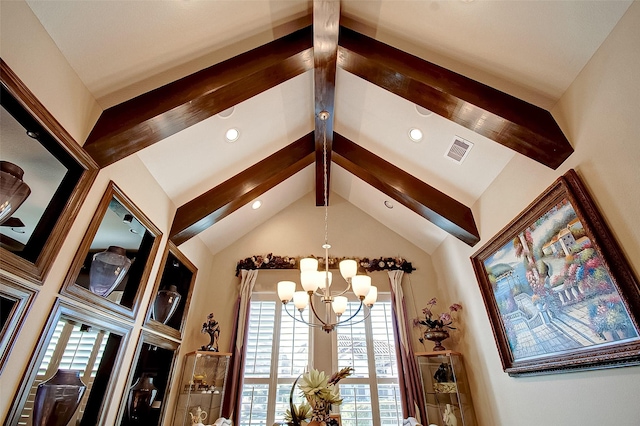 interior details with a notable chandelier, visible vents, beamed ceiling, and recessed lighting