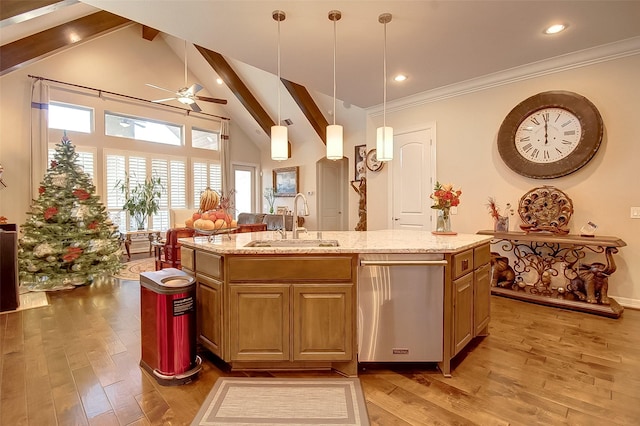 kitchen with sink, stainless steel dishwasher, light stone countertops, and a center island with sink