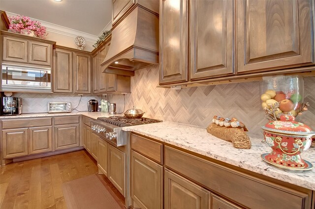 kitchen with premium range hood, appliances with stainless steel finishes, tasteful backsplash, ornamental molding, and light wood-type flooring