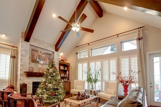 living room featuring a fireplace, recessed lighting, a ceiling fan, high vaulted ceiling, and beamed ceiling