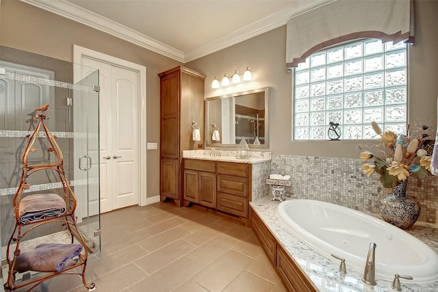 bathroom with ornamental molding, plus walk in shower, tile patterned flooring, and vanity