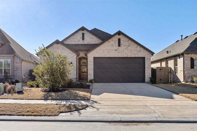 french country style house with a garage