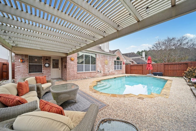 view of swimming pool featuring an outdoor living space, a pergola, and a patio area