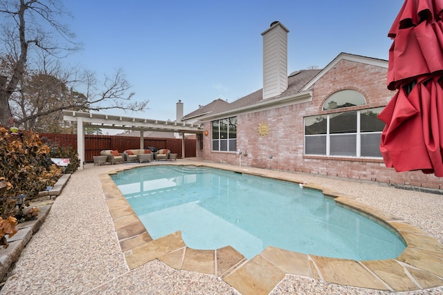 view of swimming pool featuring an outdoor living space, a pergola, and a patio