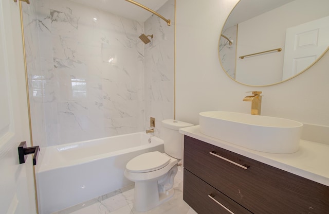 full bathroom with vanity, tiled shower / bath combo, and toilet