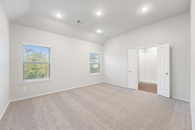 carpeted empty room featuring a healthy amount of sunlight and lofted ceiling