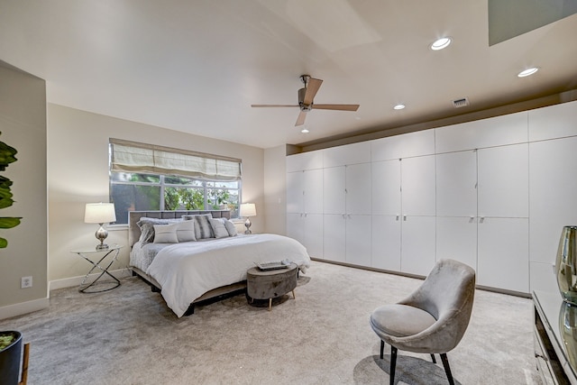 carpeted bedroom featuring ceiling fan