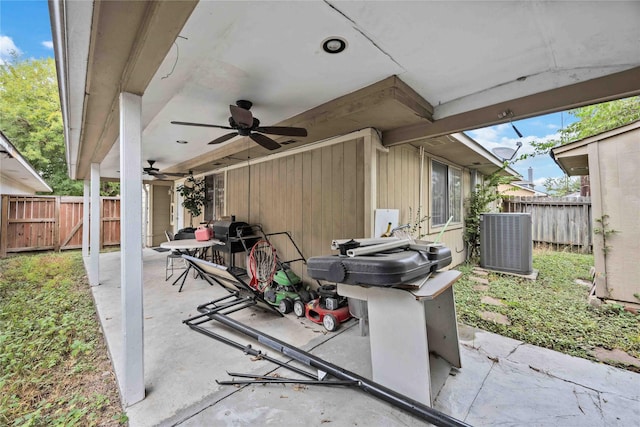 view of patio / terrace with ceiling fan and central air condition unit