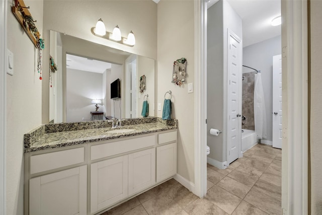 full bathroom with tile patterned flooring, vanity, shower / bathtub combination with curtain, and toilet