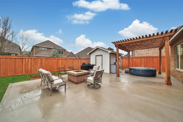 view of patio / terrace featuring a pergola, a shed, a fire pit, and a hot tub