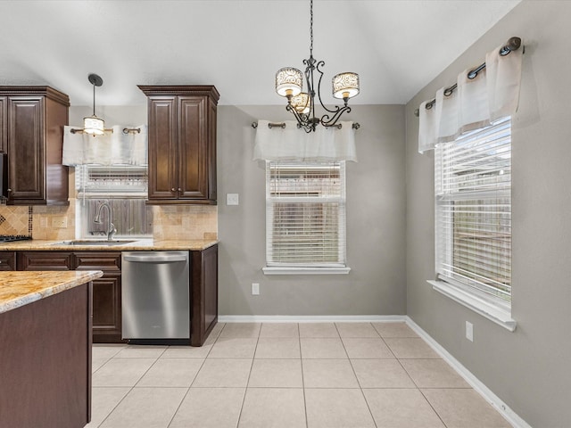 kitchen with pendant lighting, stainless steel dishwasher, and tasteful backsplash