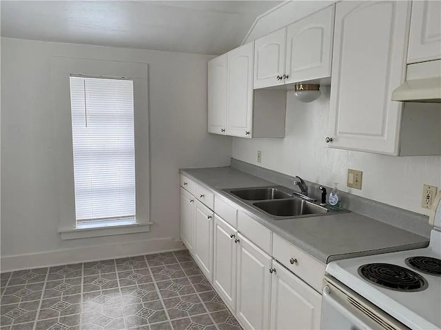 kitchen featuring a sink, baseboards, white cabinets, light countertops, and white electric range oven