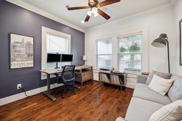 home office featuring crown molding, plenty of natural light, dark wood-type flooring, and ceiling fan