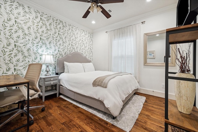 bedroom featuring crown molding and dark wood-type flooring