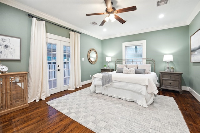 bedroom with ornamental molding, dark wood-type flooring, access to exterior, and french doors