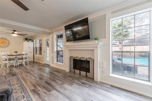 living room with crown molding, ceiling fan, and wood-type flooring