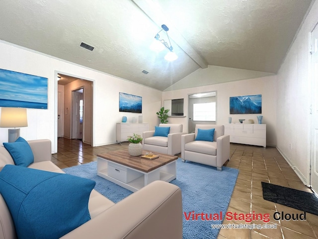 living area with tile patterned flooring, visible vents, lofted ceiling with beams, and a textured ceiling