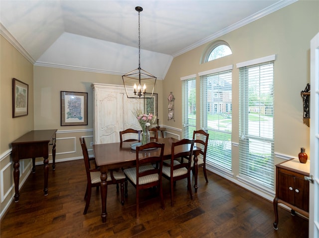 dining room with crown molding, vaulted ceiling, and dark wood-type flooring