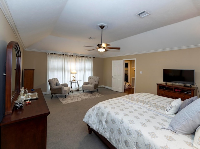 bedroom featuring vaulted ceiling, ornamental molding, ceiling fan, and carpet