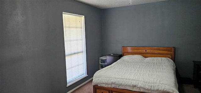 bedroom featuring carpet flooring and a textured ceiling