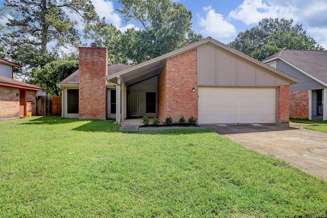 ranch-style house with a garage and a front lawn