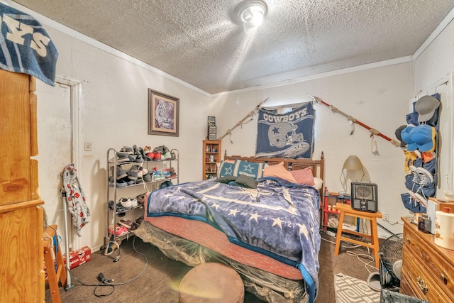 bedroom with crown molding, a textured ceiling, and carpet