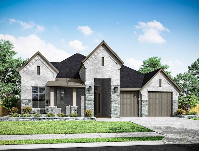 view of front of home with a garage and a front lawn