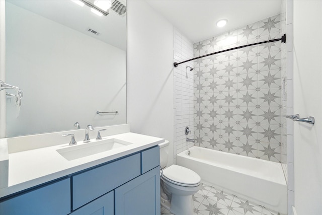 full bathroom featuring visible vents, vanity, toilet, and shower / bathing tub combination