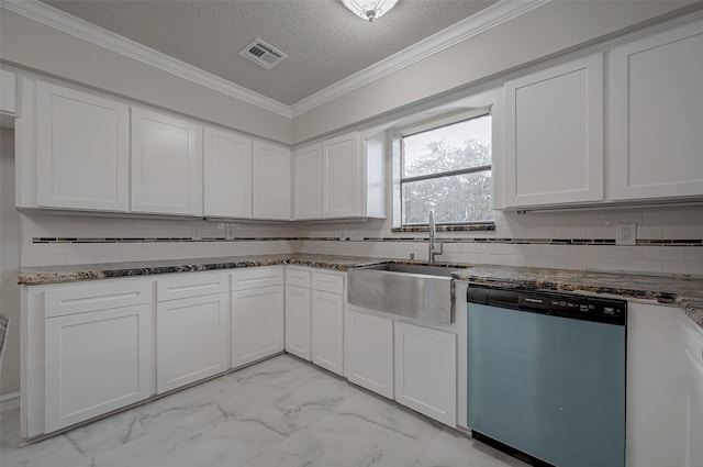 kitchen featuring ornamental molding, sink, stainless steel dishwasher, and white cabinets