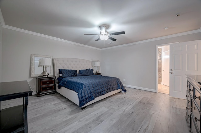 bedroom with crown molding, ceiling fan, and light wood-type flooring