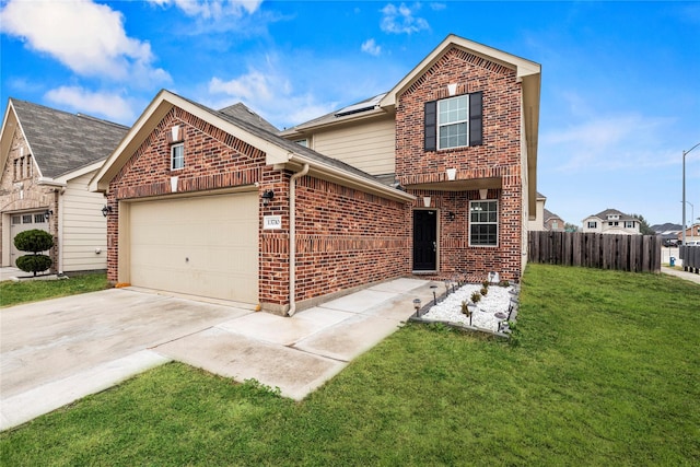 traditional-style house with brick siding, an attached garage, driveway, and a shingled roof