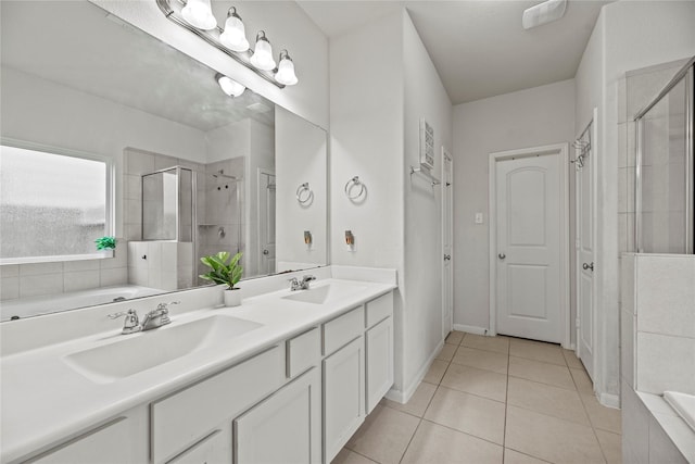 bathroom with vanity, separate shower and tub, and tile patterned flooring