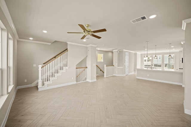 5613 Iris Harvest Ln, Houston, TX 77091 - unfurnished living room featuring recessed lighting, a ceiling fan, baseboards, and ornamental molding