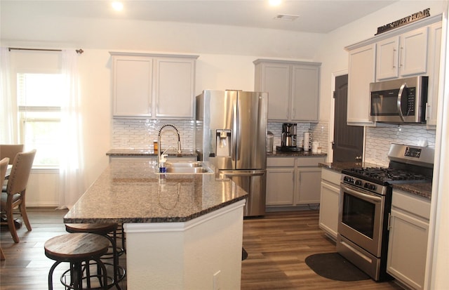 kitchen with stainless steel appliances, visible vents, a sink, and dark wood-style floors