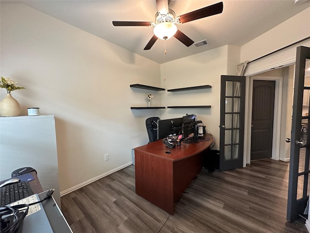 office with visible vents, dark wood finished floors, baseboards, ceiling fan, and french doors