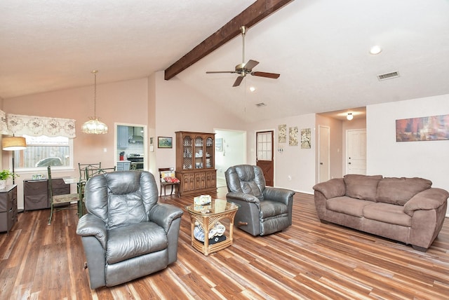 living area with light wood finished floors, visible vents, a ceiling fan, high vaulted ceiling, and beam ceiling