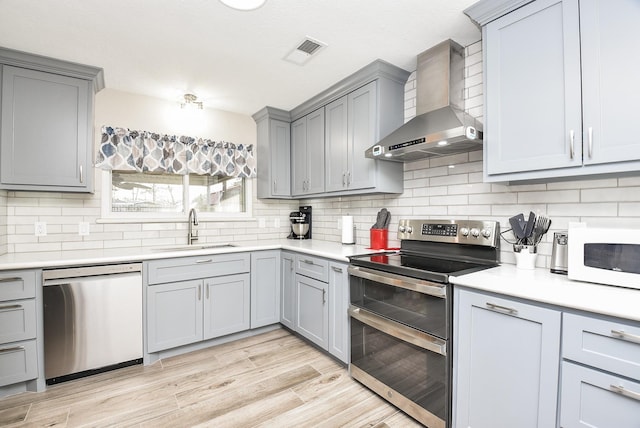 kitchen with appliances with stainless steel finishes, a sink, wall chimney range hood, and gray cabinetry